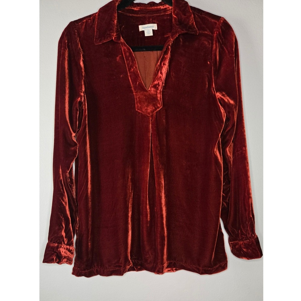 Sundance Silk Velvet Tunic Blouse XS Rust Burnt Orange Boho Long Sleeve